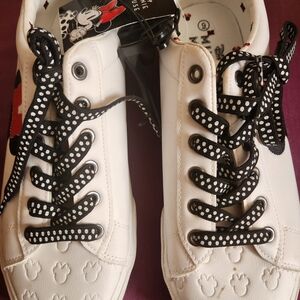 White Kids Sneakers with Black Polka Dot Laces Size 9